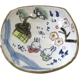夕立窯　うさぎのお宿　四角盛鉢の商品画像
