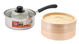 中華家 ステンレス製 ガラス蓋付片手鍋18cm(せいろ付)の商品画像